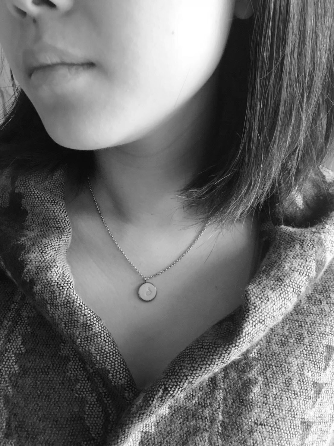 Leather clavicle chain_letters A~Z_retro Silver frame #12_grey white - Necklaces - Genuine Leather Gray