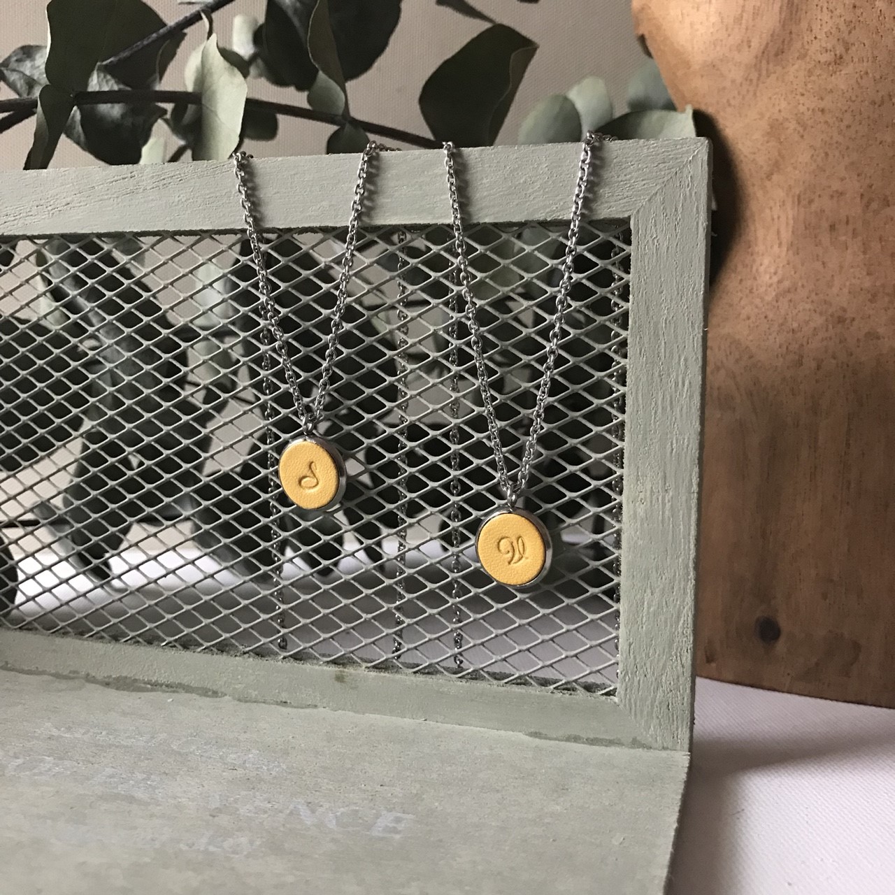 Leather clavicle chain_letters A~Z_retro Silver frame #12_grey white - Necklaces - Genuine Leather Gray